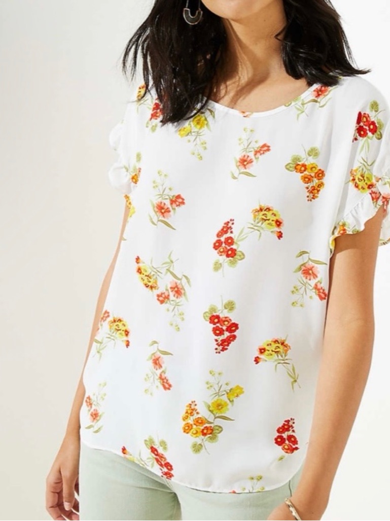 094 - Loft White Floral Short Sleeve Blouse With Red And Yellow Flowers